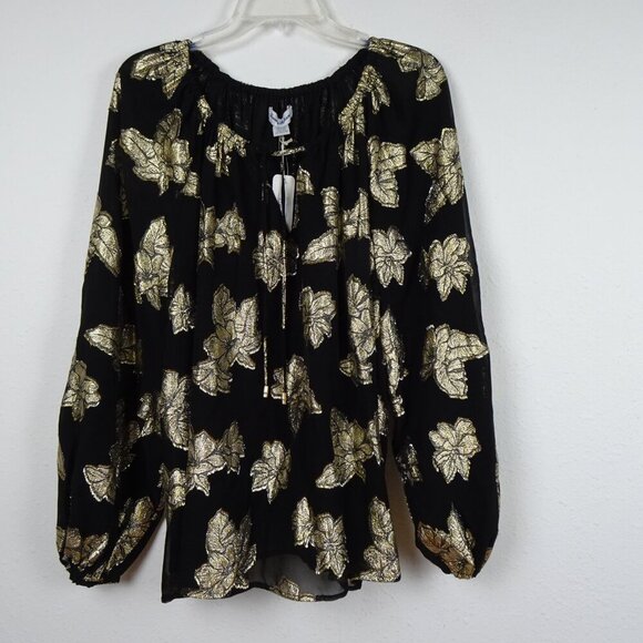 Tommy Bahama Peasant Top Women's Size XL Black Shimmering Jacquard Print Boho - Picture 2 of 10